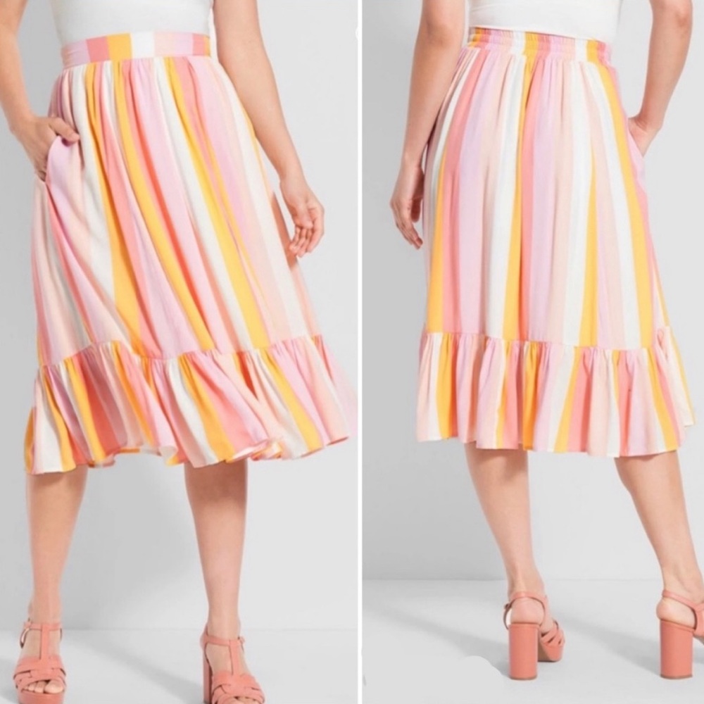 ModCloth X Collector Katherine Peach Stripe Skirt Tiered Pastel Size US 12 UK 16